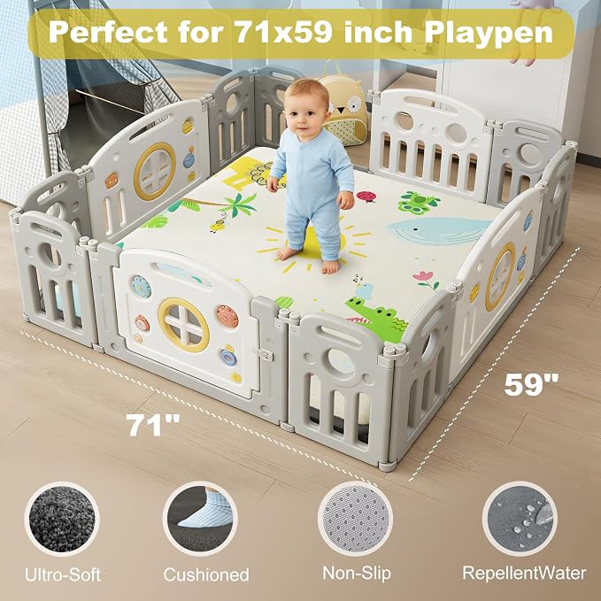 Baby Play Mat for Floor, 1.3" Thick Elasti-Foam Baby Play Mat, 71x59 Playpen Mat for Toddlers Infant kids, Water Repellent Soft Coral Velvet Crawling Mat for Floor, Non-Slip Backing Safe Jungle Safari
