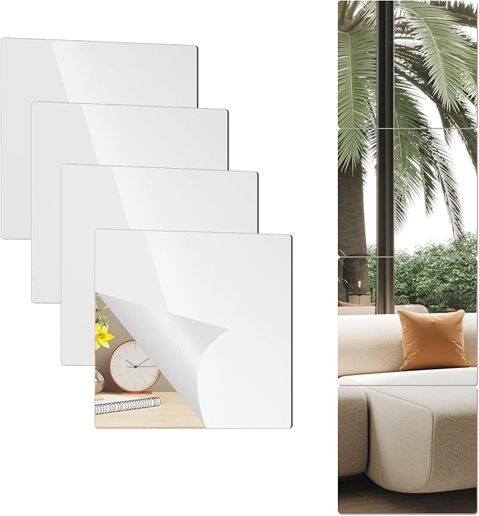 6 Pack 14"x12" Shatterproof Acrylic Mirror Tiles – Self-Adhesive, Unbreakable Wall Mirrors for Kids Room, Bathroom, Bedroom, Closet Door, or Home Gym
