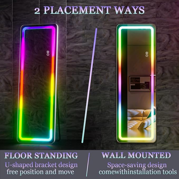 Koonmi Full Length Mirror with LED Lights, 60"x16" Lighted Mirror with Remote Control, RGB Color Changing Lights, 7 Dynamic Modes, Dimmable Brightness
