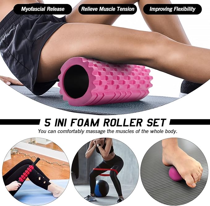 5 in 1 Foam Roller Set High Density Patented Foam Roller for Exercise | Foam Roller Massage Stick, Massage Ball, Resistance Band for Deep Muscle Massage Pilates Yoga Trigger Point Release Pink