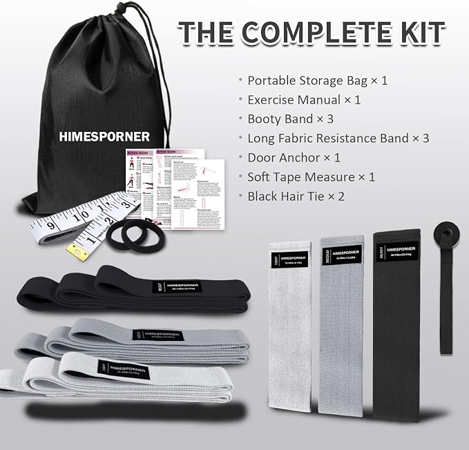 HIMESPORNER 9 PCS Fabric Resistance Bands Set for Working Out | Non-Slip Exercise Booty Bands for Women Men Leg Glutes with Hair Ties and Tape Measure - for Home Gym Workout, Yoga, Pilates