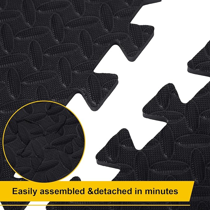 Ecally 200 Pcs 12 x 12 Gym Mat Foam Floor Mats for Home Gym Covers 96 Sq Ft Puzzle Exercise Square Interlocking Carpet Tiles with Border for Workouts Equipment Yoga Pilates (Black)
