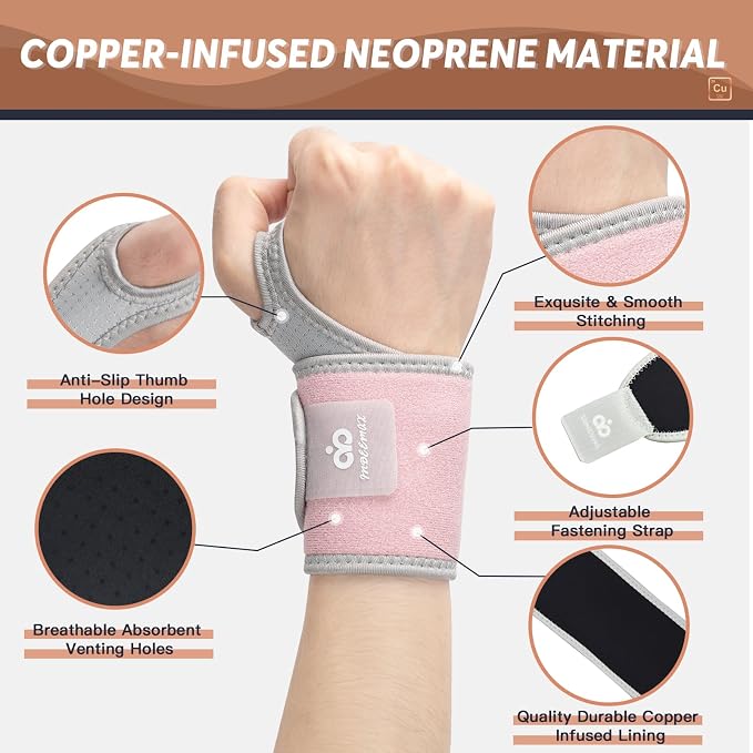 Copper Carpal Tunnel Wrist Brace, 2 Pack Wrist Support Wraps for Men Women, Adjustable Compression Wrist Brace for Tendonitis, Pain Relief, Arthritis, Sports, Work, Sleeping, Both Hands, Pink