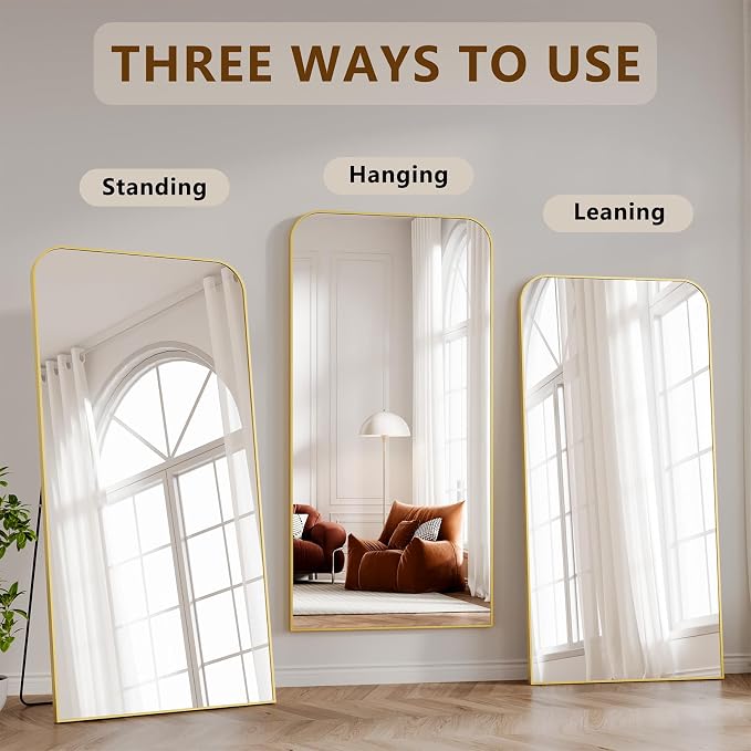 Koonmi Full Length Mirror, 80"x36" Mirror Full Length with Stand, Gold Domed Top Square-Edged Floor Mirror with Aluminum Alloy Frame for Bedroom Living Room