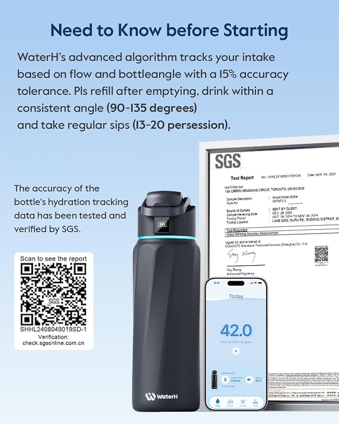 WaterH BOOST Smart Water Bottle Tracker with Reminder to Drink Water, 32oz | Double Wall Vacuum Insulated Stainless Steel, BPA-Free, Leakproof, Smart App Tracking, Travel-Friendly Wide Mouth for Office