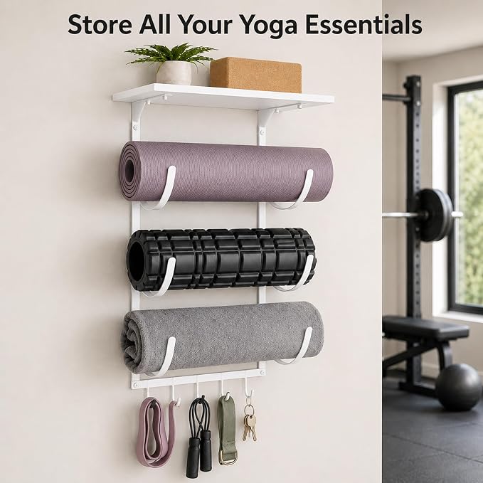 Wall Mount Yoga Mat Storage Rack, Heavy Duty Iron Organizer with 3-Tier J-Hooks, Wide Top Shelf and 5-Hook Bottom Rail for Yoga Mats, Foam Rollers, Blocks and Home Gym Accessories