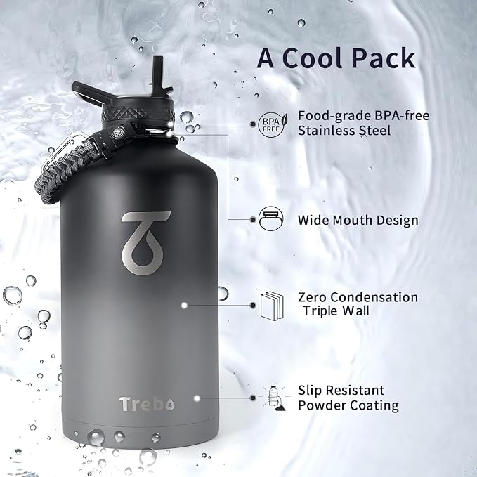 Trebo One Gallon Water Bottle Insulated with 3 Lids, Paracord Handle & Bag | 128 oz Large Stainless Steel Water Jug, Triple Wall Vacuum Copper Plated, Dishwasher Safe, Keeps Cold 48 Hrs for Hiking, Gym