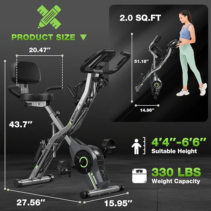 Exercise Bike, 5 in 1 Foldable Stationary Bike for Seniors, 16-Level Adjustable Magnetic Resistance, Indoor Workout Bike with 330LB Capacity, Comfortable Seat Backrest X-bike