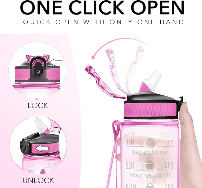Hyeta Water Bottle with Straw & Time Marker, Plastic 32oz Leakproof | Motivational Tritan BPA Free Gym Office Outdoor Intake Tracker Hourly Reminder Straw Lid Carry Strap