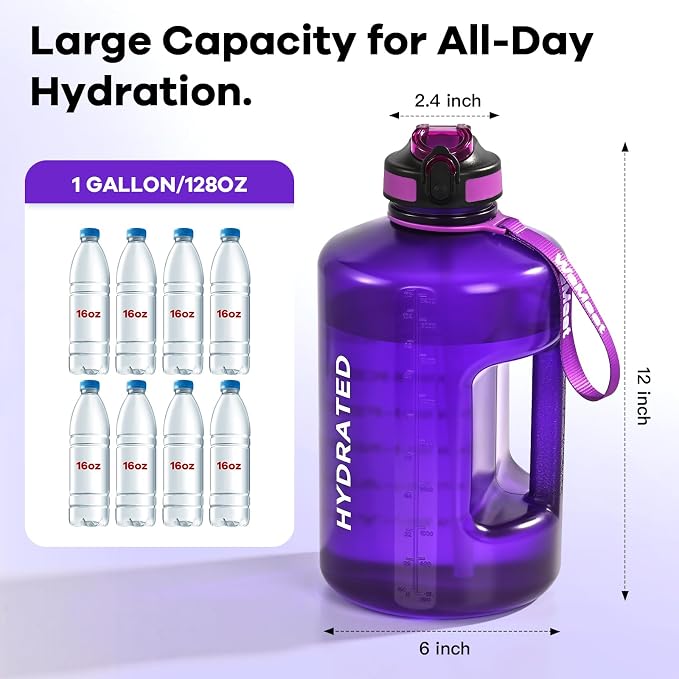WEMEET Leakproof Water Bottle Motivational with Straw & Strap, BPA Free, 128 oz Gym Water Bottle with Time Marker, Water Jug for Outdoor Enthusiasts (Purple Blue)