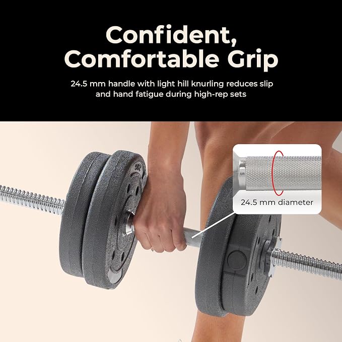 Sunny Health & Fitness Threaded Dumbbell w/Star-Lock Collars, 14"- 24" Pair | 1" Plate Compatible, Chrome Handle, 110 lb Capacity, 25mm Knurled Grip, Star-Lock Collars, Home Gym Training