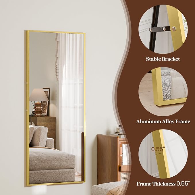 56"×18" Full Length Mirror, 2 Pcs Shatterproof Tempered Glass Floor Mirror, Alum Alloy Thin Frame Standing Mirror with Freestanding/Leaning/Wall Mount for Bedroom, Living Room & Entryway, Gold