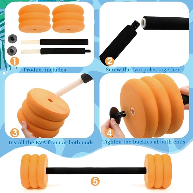 Soulchen Long Aquatic Exercise Dumbbells Pool Exercise Foam Water Weights Dumbbell Aquatic Pool Barbells with High Density EVA Foam for Swim Water Aerobics Workouts Loss
