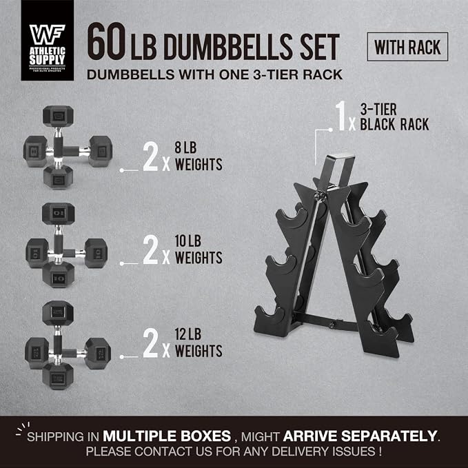WF Athletic Supply Rubber Encased Hex Dumbbells with Rubber Grip Contoured Handle for Muscle Toning, Strength Building & Full Body Workout