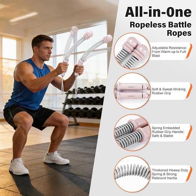 Weighted Ropeless Battle Ropes Adjustable Weight - Portable Cordless Battle Ropes for Home Gym with Workout Poster, Strength Building, HIIT & Low-Impact Cardio Training for Men & Women (Pink)