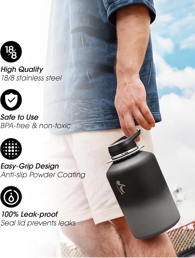 Coolflask Half Gallon Water Bottle Insulated Stainless Steel with Strap | 64 oz Large Water Jug with Straw & Spout Lids,Triple-Wall, Cold 48+h,Dishwasher Safe, Leakproof, BPA-Free,for Gym & Hiking