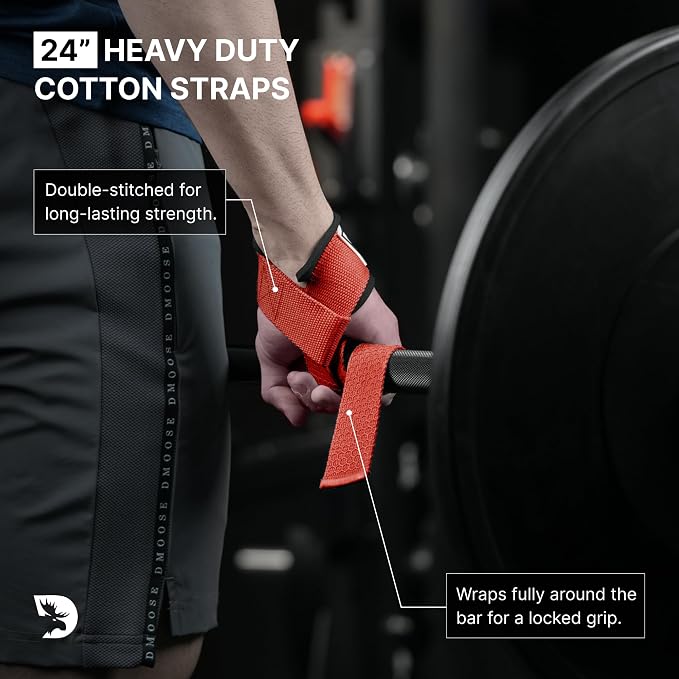 DMoose Fitness Lifting Straps 24" (Pair) - 5mm Padded Durable Wrist Straps for Weightlifting & Powerlifting - Cotton Lifting Strap with Silicone Grip for Men & Women - Deadlift Strap for Gym Workout