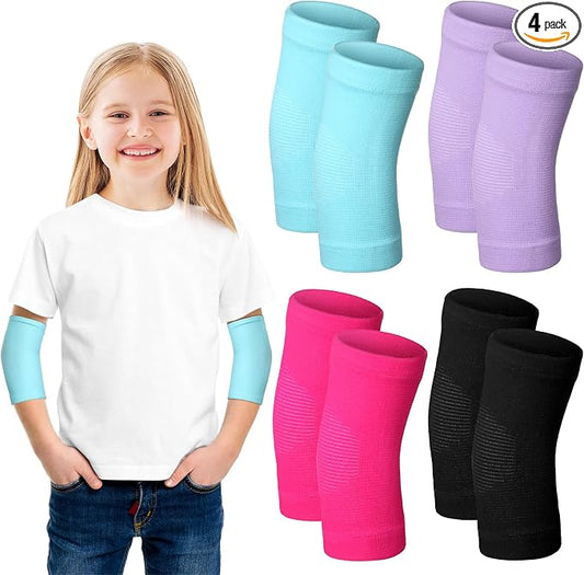 Lenwen 4 Pairs Kids Elbow Brace Compression Arm Elbow Sleeve Knit Guard Gym Protectors for Boys Teen Children Girls Basketball Volleyball Tennis Cycling(5-10 Years,Black, Purple, Rose Pink, Sky Blue)