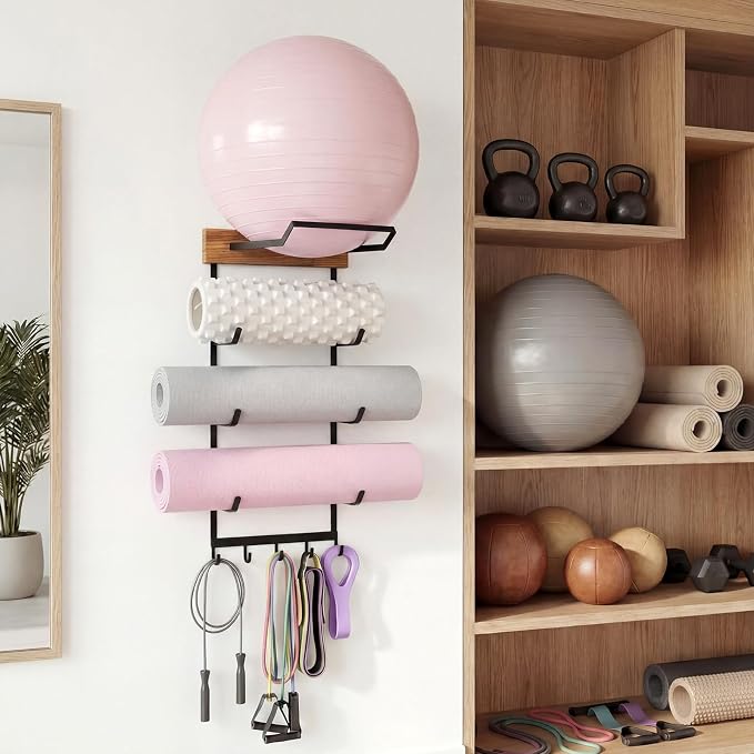 Yoga Mat and Ball Holder Wall Mount, 4-Tier Yoga Mat & Ball Storage Rack, Home Gym Organizer, Black Metal Floating Shelf for Hanging Foam Rollers & Resistance Bands(5 Hooks Style,Wood Color)