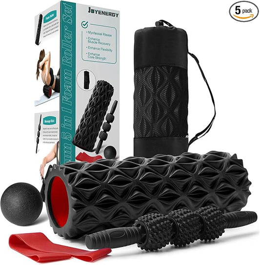 5 in 1 Foam Roller Set High Density Patented Foam Roller for Exercise | Foam Roller Massage Stick, Massage Ball, Resistance Band for Deep Muscle Massage Yoga Trigger Point Release Black Diamond