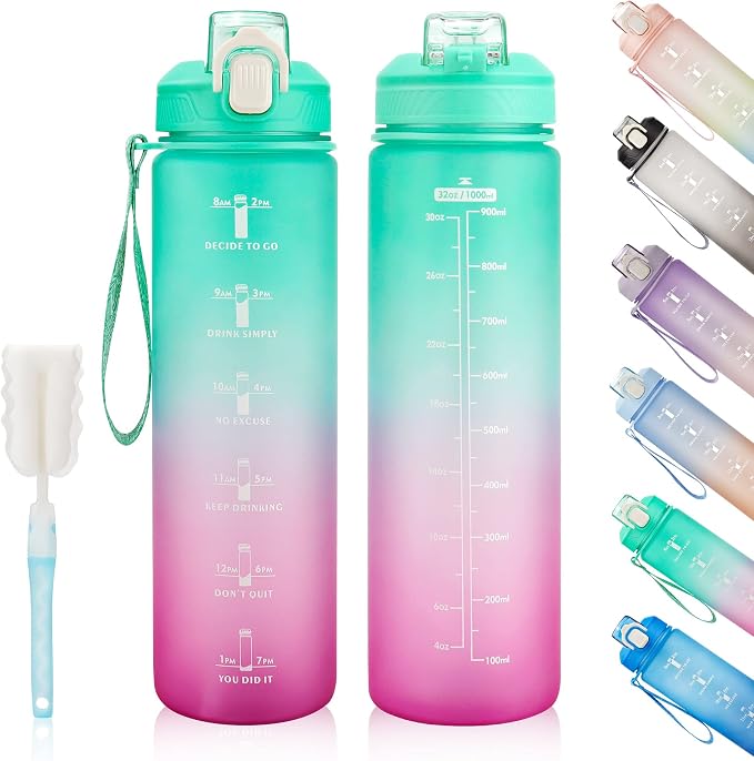 YC Kitchen 32oz Motivational Water Bottle with Straw & Carrying Strap | Leak-proof BPA Free Sports Water Bottles with Time Marker, with Times to Drink,Fitness, Gym, and Outdoor Sports