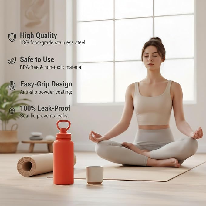 Orange Insulated 32 oz Metal Leakproof Water Bottle | Mens Stainless Steel Water Flask, Large Sports Travel Water Bottle for Gym,Hiking,1 liters Thermal Bottle with 2 Lids