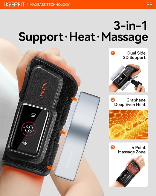 MAXease Cordless Heated Wrist Brace for Pain Relief, Warmer & Massager for Carpal Tunnel & Arthritis, Wrist Heating Pad with Splint for Hand Joint & Night Support, FSA&HSA, Size M, Right