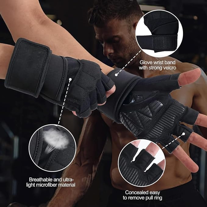 Workout Gloves for Men - Gym Weight Lifting Padded Gloves with Wrist Wrap Support, Full Palm Protection & Silicone Grip Gym Gloves, Exercise, Cross Training, Fitness, Pull-up