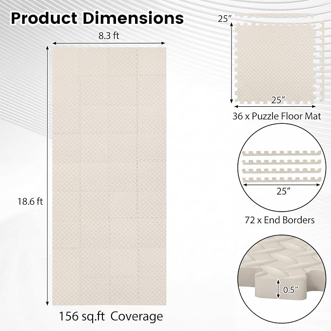 Tangkula 36 Tiles Exercise Flooring Mats with Border, Non-Slip EVA Foam Protective Mats, Elastic Puzzle Play Mats, 1/2" Interlocking Floor Mats for Home Gym, Fitness Room (Beige)