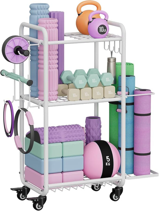 Multi-Functional Home Gym Storage Rack with Wheels and Hooks | Gym Equipment Storage for Dumbbells Kettlebells Yoga Mat, All-in-One, Space Saving, Easy to Assemble
