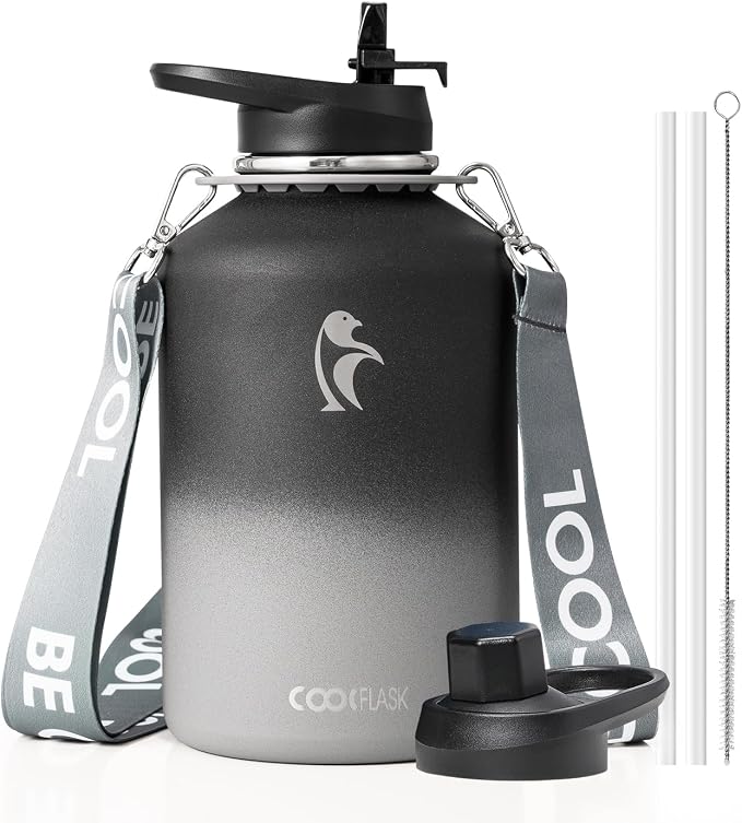 Coolflask Half Gallon Water Bottle Insulated Stainless Steel with Strap | 64 oz Large Water Jug with Straw & Spout Lids,Triple-Wall, Cold 48+h,Dishwasher Safe, Leakproof, BPA-Free,for Gym & Hiking