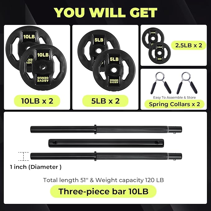 AboveGenius 45 lb Barbell Weight Set, Adjustable Workout Bar | Barbell Weight Set for Home Gym Strength Training, Full Body Workout, Muscle Building, Home Fitness Weight Lifting Equipment