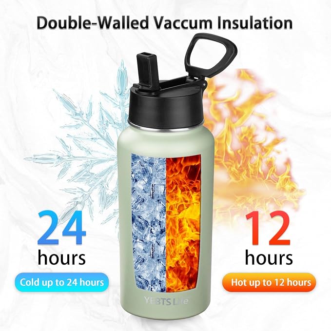 Insulated Water Bottle With Straw,32 oz Vacuum Insulated Stainless Steel Sports Water Flask,Keeps Cold and Hot,Metal Water Bottle Wide Mouth for Gym Travel Camping (Green tea)