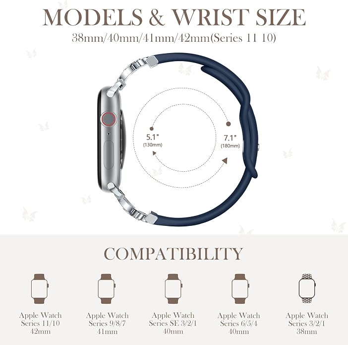 Lerobo Slim Silicone Band Compatible with Apple Watch Bands for Women | Dressy Metal Butterfly 16mm Thin Strap for iWatch Series 11 10 9 8 7 6 5 4 SE Ultra 38mm 40mm 41mm 42mm 44mm 45mm 46mm 49mm