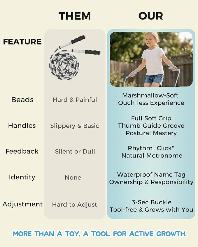 YUEDONG Ultra-Soft Beaded Jump Rope with Tangle-Free TPU Beads for Kids | Soft TPU beads, thumb-groove grip, rhythmic click sound, waterproof name tag, carry bag, for kids at school and outdoors