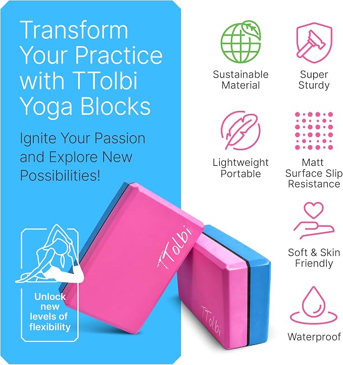 Yoga Blocks 2 Pack with Strap and Guide – Soft Non-Slip EVA Foam Blocks | High-Density Pilates Blocks for Home Workouts, Dance, Ballet, Gymnastics & Stretching Exercise, Dance Accessories and Gifts