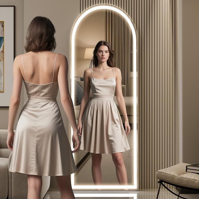LED Arched Full Length Mirror with Lights 65"x24" | Lighted Floor Mirror with Dimming & 3 Color Lighting, Aluminum Frame Standing Leaning or Hanging for Cloakroom White