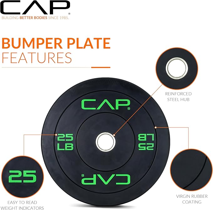 CAP 2-inch Olympic Bumper Plate Weight Set | 100-370 lbs | Multiple Colors | Storage Rack Optional