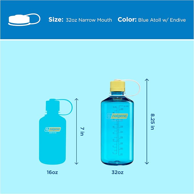 Nalgene 32 oz Narrow Mouth Water Bottle, Thrill & Motion, Blue Atoll w/Endive