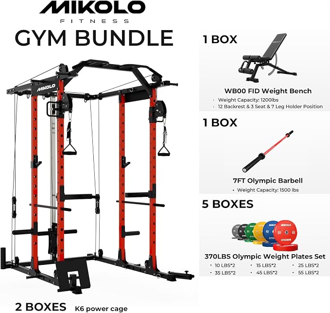 Mikolo Power Cage, Power Rack with Cable Crossover System, 1500LBS Squat Rack with LAT Pull Down System, Workout Cage with Pulley System for Fitness Home Gym