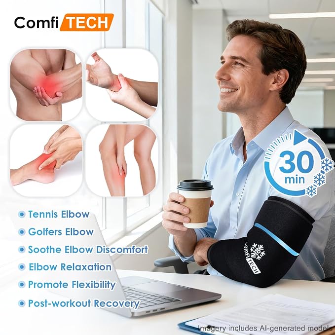 ComfiTECH Dual-Gel Elbow Ice Pack Wrap for Arm with 30-Min Cooling, M, 2P | Reusable Gel Forearm Brace for Tendonitis & Injuries, Cold Compression Sleeve for Pitchers, Tennis Elbow & Golfer Arm Relief