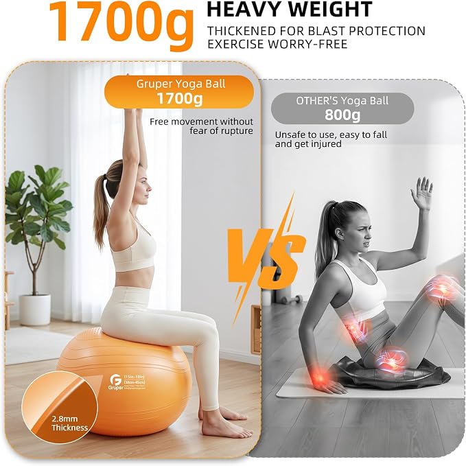 Gruper Yoga Ball, Extra Thick Non Slip Exercise Ball for Workout, Yoga, Pregnancy, 4 Sizes Anti Burst Chair for Home and Office, Includes Foot Pump & Fitness Guide