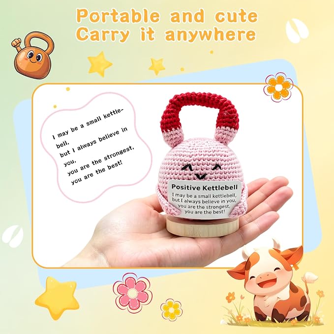 Crochet Knitted Kettlebell, 3.54 Inch Positive Kettlebell with Encouraging Card, Unique Fitness Themed Gift for Home Office Room Desktop Decoration
