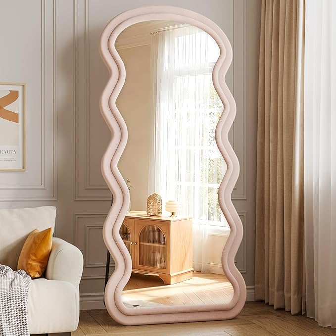 Full Length Mirror, 71"x32" Wavy Full Body Mirror Flannel | Full Body Mirror with Stand, Flannel Floor Mirrror Bedroom and Living Room, Wall Mirror Hanging or Leaning, Pink