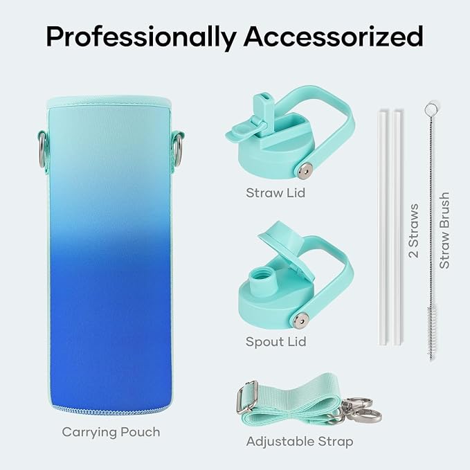 BUZIO 24 oz Insulated Stainless Steel Water Bottle with Straw & Spout Lids | Triple Wall Insulated Tumbler (Dishwasher Safe) ,Cold for 48 Hrs, Wide Mouth, Leakproof, BPA-Free, for Sports, Gym, School