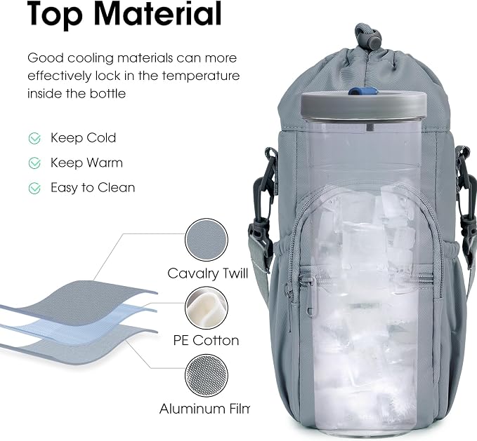 sportsnew 40oz Insulated Crossbody Water Bottle Bag Gym Hiking Phone Pocket | Water-resistant Lining, Padded Strap, Top Handle, Drawstring, Phone Pocket, Elastic Slots, Built-In Key Clip for Gym Walking