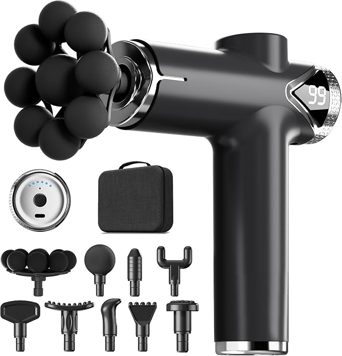 LEERCON Massage Gun Deep Tissue Back Massager for Pain Relief with 9 Heads | Electric Muscle Massage Gun with 9 Heads and 6 Speeds Percussion Massager for Athletes Gifts for Women Men Father's Day Black