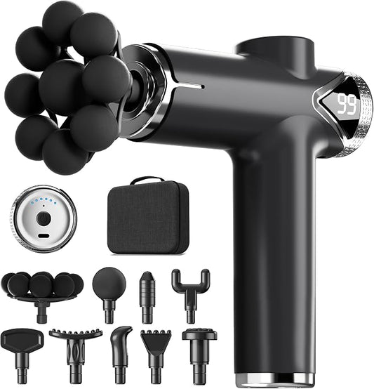 LEERCON Massage Gun Deep Tissue Back Massager for Pain Relief with 9 Heads | Electric Muscle Massage Gun with 9 Heads and 6 Speeds Percussion Massager for Athletes Gifts for Women Men Father's Day Black