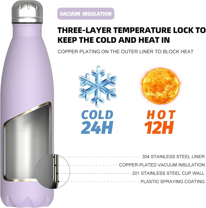 WATERSY Stainless Steel water bottles,17oz/500ml Insulated Water Bottle | Purple metal water bottle Keeps Drink Cold and Hot,BPA Free kids water bottles for School,Gym,Travel,Sports