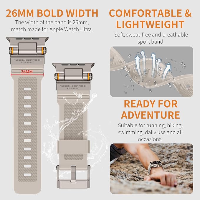 Band Compatible with Apple Watch Ultra 3/2/1 Band 49/46/45/44mm | Metal Connector with Silicone Rugged Strap for iWatch Ultra Series 11/10/9/8/7/6/SE3/SE2/SE/5/4/3/2/1, Starlight/Titanium